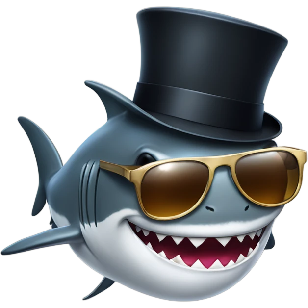 Sophisticated shark: a stylish creature donning a dapper top hat and trendy shades. emoji