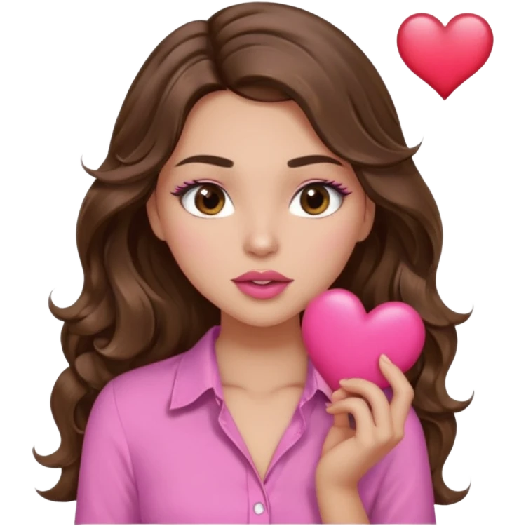 girl with long wavy brown hair, brown eyes, light to medium complexion, in a pink shirt, pink lips, long lashes, sexy , puckering, blushing, kissing a heart sexy emoji