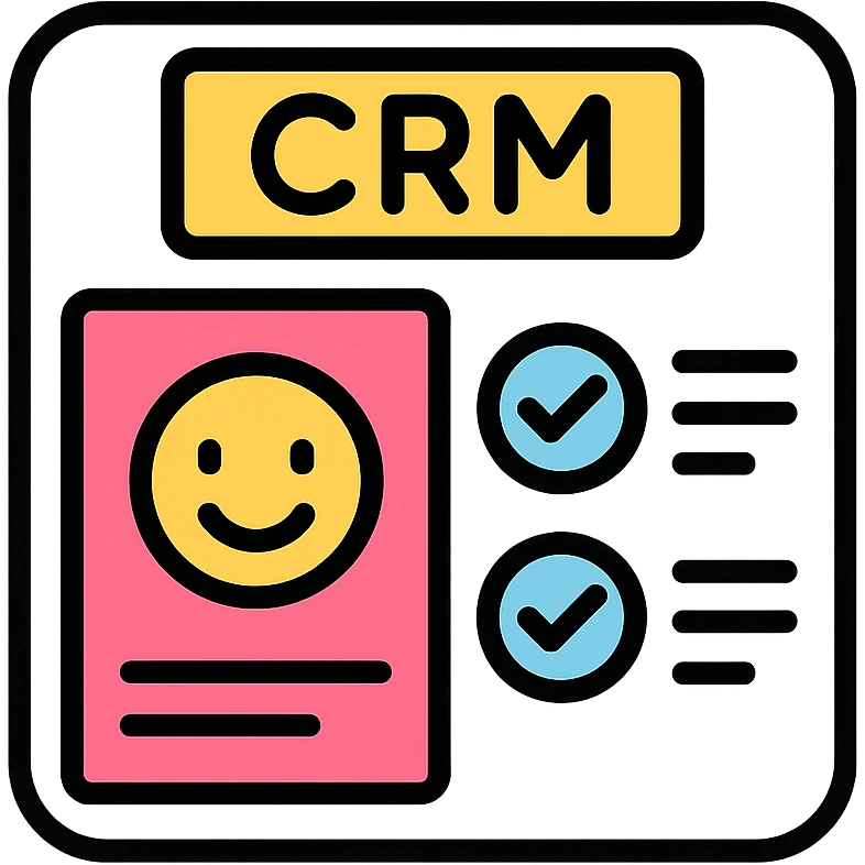 color outline icon of a CRM dashboard with a happy face and checkmarks emoji