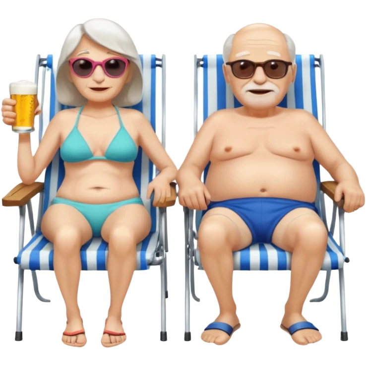 an emoji that shows elderly one slim woman in bikini and one man with dickbauch in bath shorts, both are retired and are lying in sun-chairs at the beach to recover from retiring-stress emoji