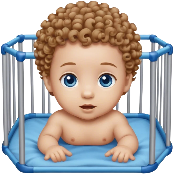 Blue eyes, light brown soft curls hair baby  in playpen  emoji
