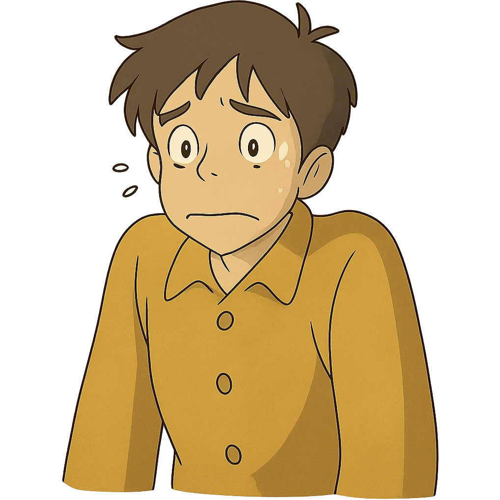 ghibli style character with sloped shoulders, looking nervous, to represent shirking responsibility emoji