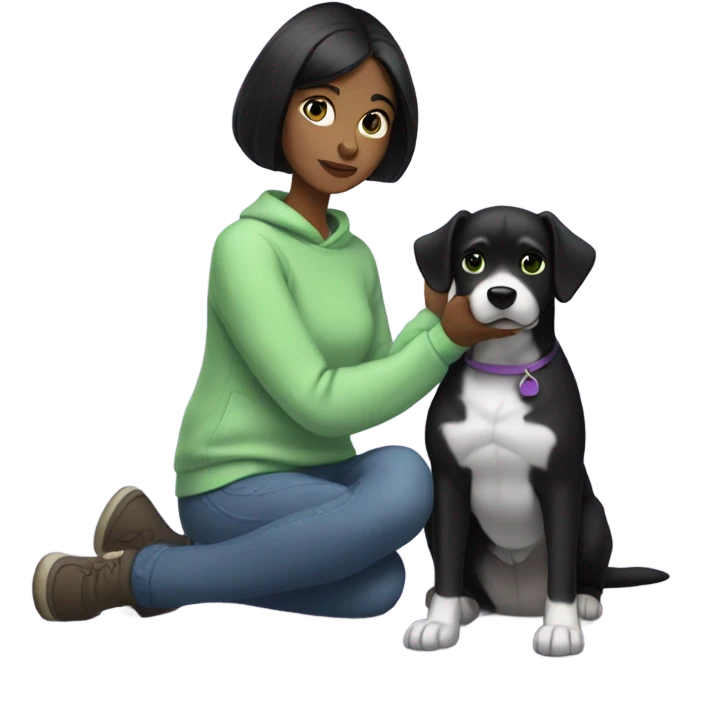 A lady with a black hair and green eyes and a lilac sweatshirt petting a black dog emoji