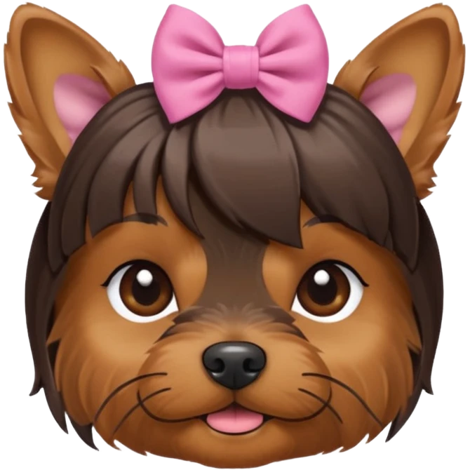 a little dar brown Yorkshire Terrier face with a ponytail on head tied with a bow. emoji