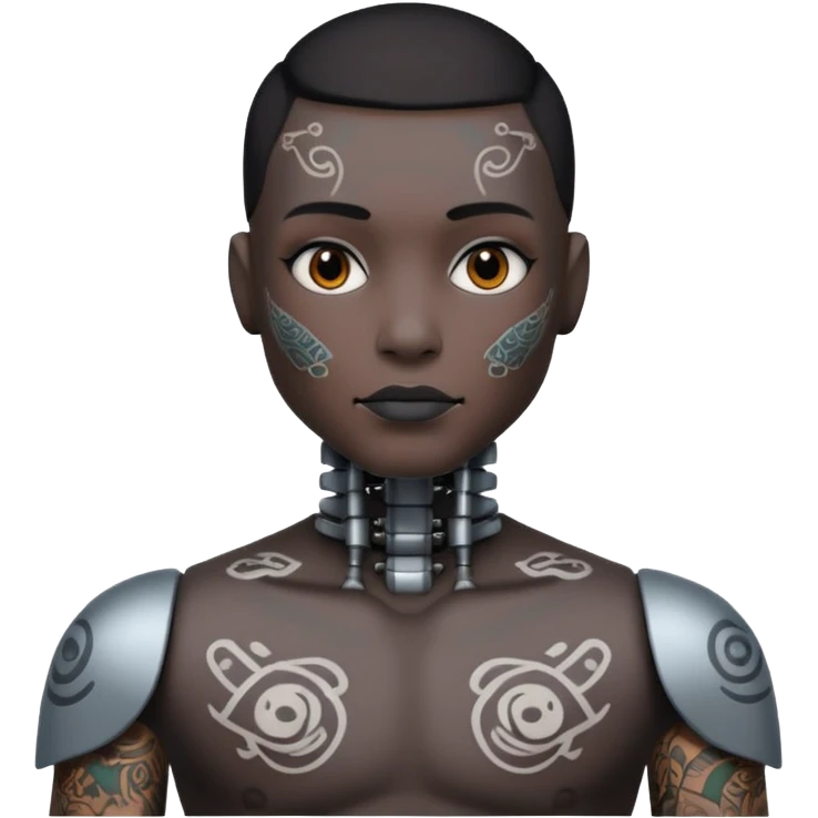 black Tatooed robot, big many tatooes on chest, neck and face, white tatoo on face emoji