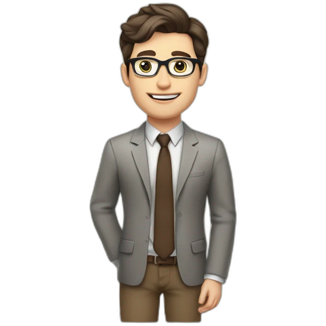 Pale skinned fit man with dark brown hair in gray jacket, beige office shirt, brown tie, brown pants and vintage glasses Writing on the flipchart emoji