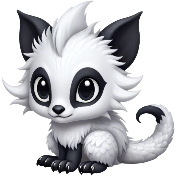 Fantasy-fantasy creature, black ears, no Scapha, black long scaly tail, big eyes, black eyes, white fur, black claws, cute, adorable emoji