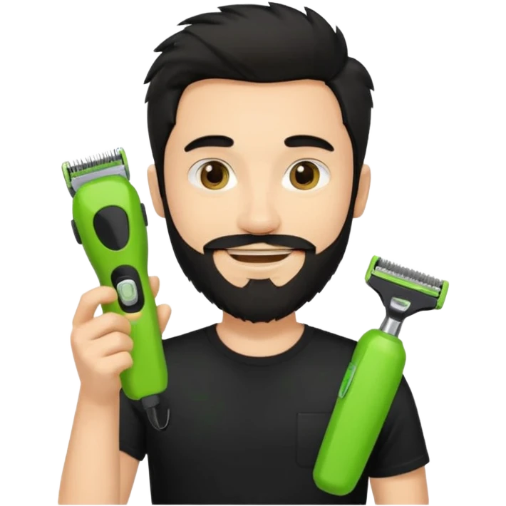young handsome fair-skinned man with messy black hair and beard, smiling, wearing a black t-shirt, holding one small true-to-size lime green face beard trimmer in one hand, iOS emoji style emoji