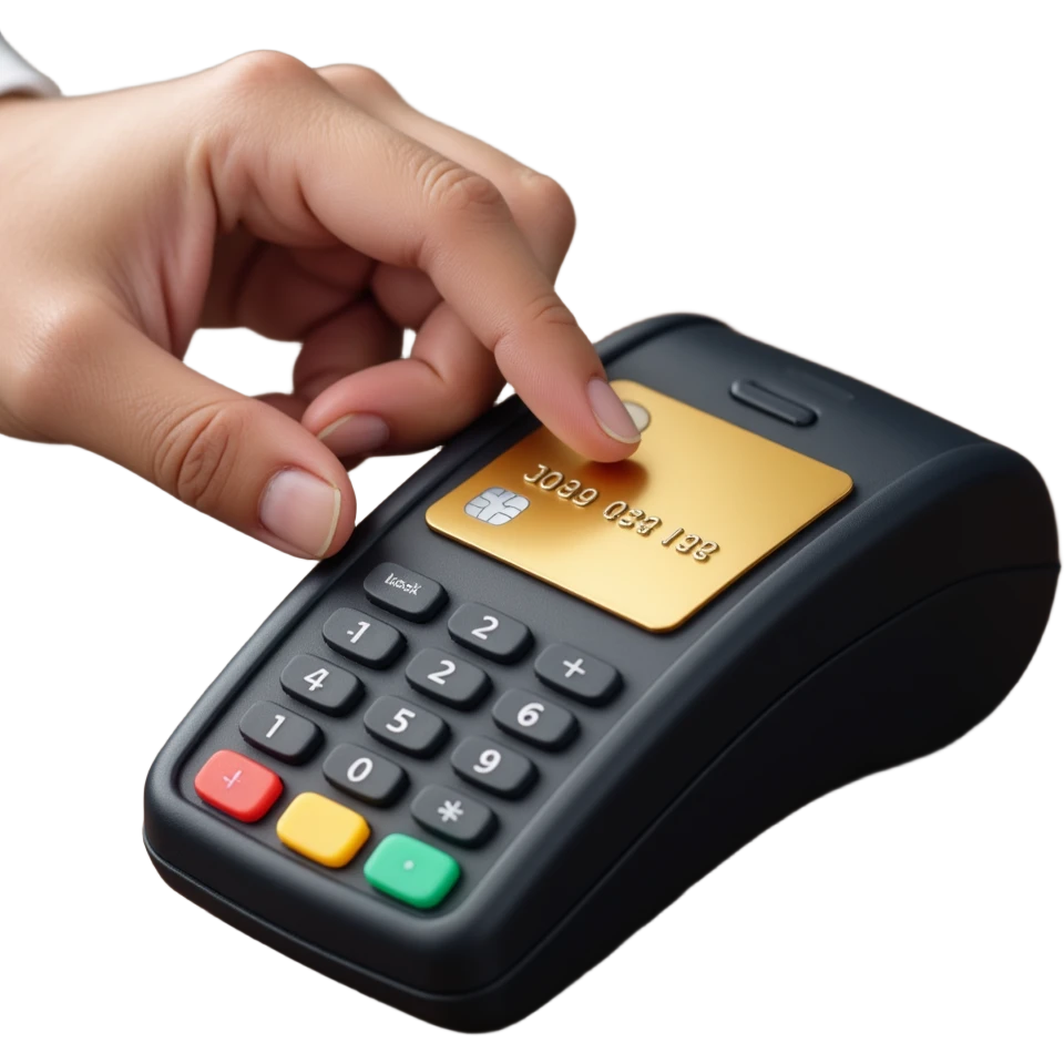 a shiny credit card tapping on a payment terminal, skeuomorphism style, detailed, photorealistic textures, subtle shadows emoji