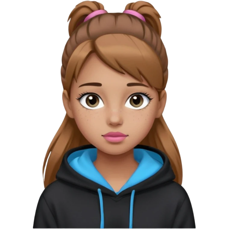 Create a teenage girl with straight light brown hair pulled into a ponytail, tan skin, light freckles, and blue-grey eyes. She will have pink lips and long black eyelashes. She will be wearing a big black hoodie. emoji