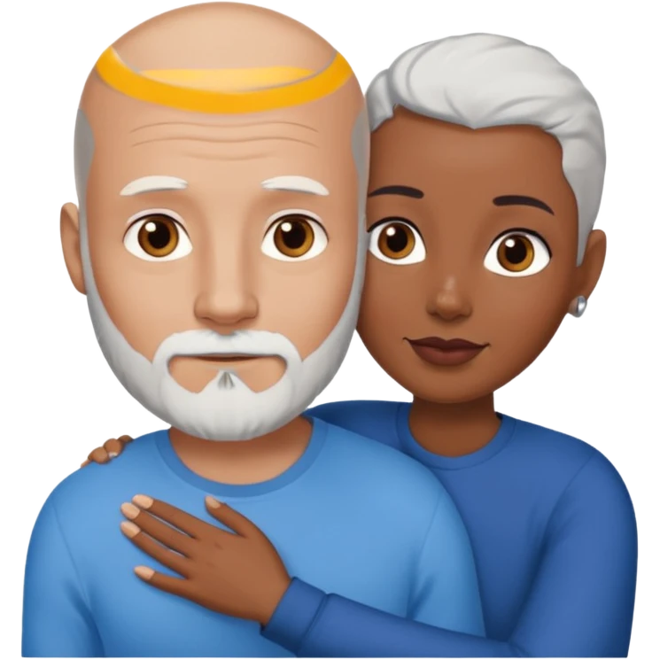 Talk bald white man with a white beard and blue eyes lovingly holding a black woman with brown eyes and grey hair emoji
