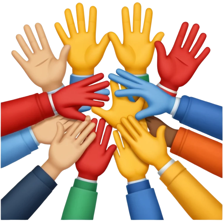 Emoji-style icon showing several diverse hands high-five together, symbolizing unity and team spirit. Flat minimal Apple-style emoji, bright colors, white background, soft shadows. emoji