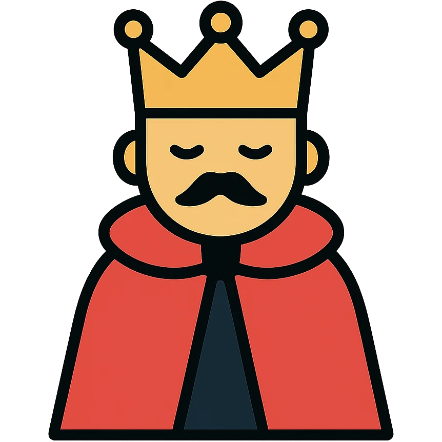 Minimalist red king with simple crown and royal cape, RPG style. Clean outline art with minimal details. Fantasy monarch character. emoji