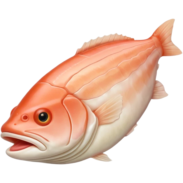 raw cod fillet, thick, boneless, slightly curved, pale ivory, pinkish translucent tones, smooth flaky texture, gentle muscle grain, soft contours, no skin, no plate, no garnish, no faces, clean 3D, soft shadows, transparent background, emoji scale emoji