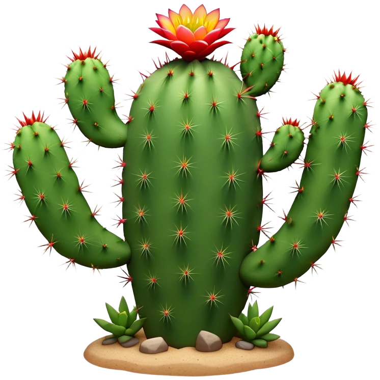 Cinematic Realistic Cactus Emoji, Tall and spiny, with thick, rounded stems covered in sharp spines. Bright flowers bloom at the tips of some branches, adding a pop of color against the desert backdrop. Soft glowing outline, capturing the essence of strength, survival, and desert beauty in a striking cactus! emoji