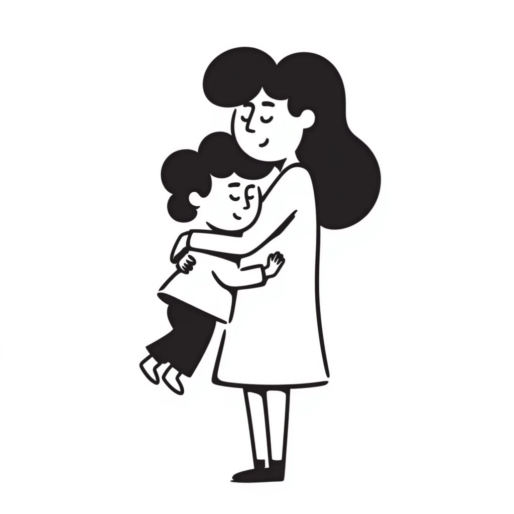 mother hugging a sad child, hand-drawn, sketchy lines emoji