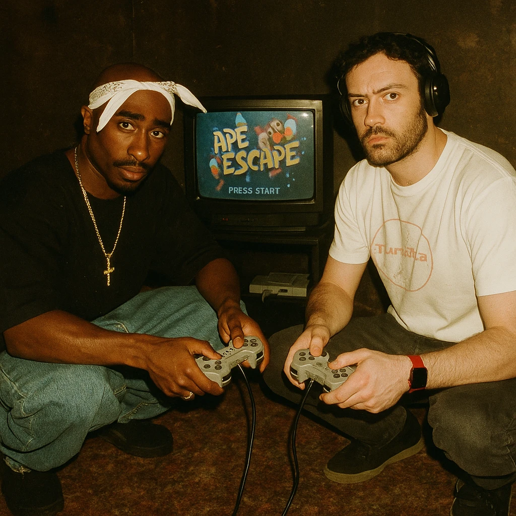 Create a grunge analog shot featuring a rapper in Tupac style (not recognizable) and the boy from the reference photo sitting on the floor. There is a 90s CRT TV with Ape Escape on Playstation 1 in a dimly lit room. Both hold Playstation 1 controllers and look at the camera with flash, creating a retro atmosphere. emoji