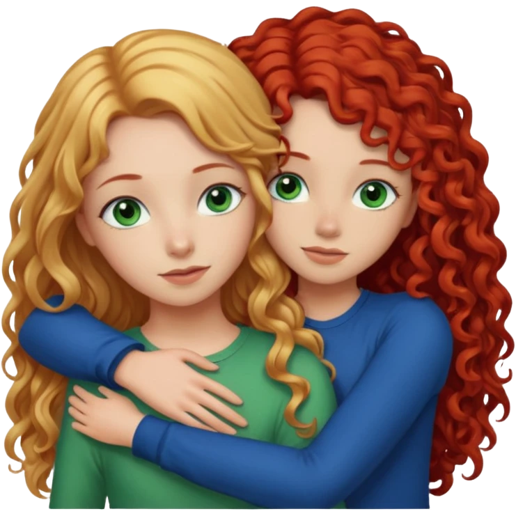 A girl with straight long blonde hair with blue eyes hugging a girl with red curly hair and green eyes emoji