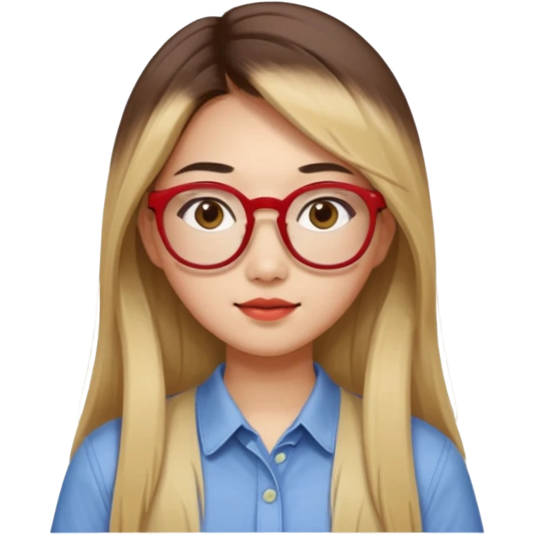 20 yr old asian woman, straight thick long brown hair, blond at ends of hair, middle part, big red glasses, brown eyes, casual shirt emoji