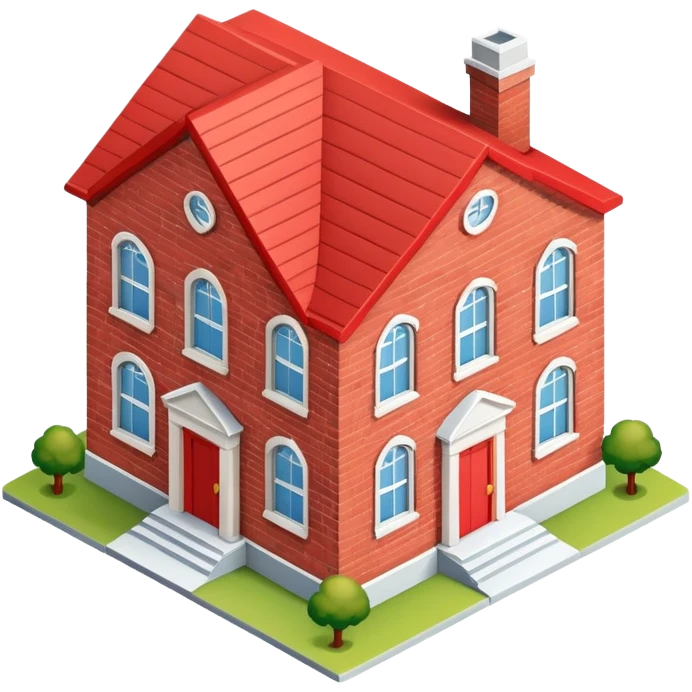 Red brick schoolhouse, isometric dollhouse-style, realistic emoji