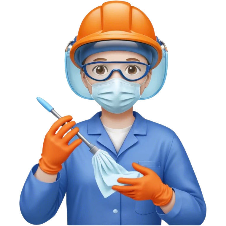 A meticulous cleanroom worker dressed in full protective gear, including a blue sterile suit, a face mask,  and orange gloves.  cleaning glasses with a wipe emoji