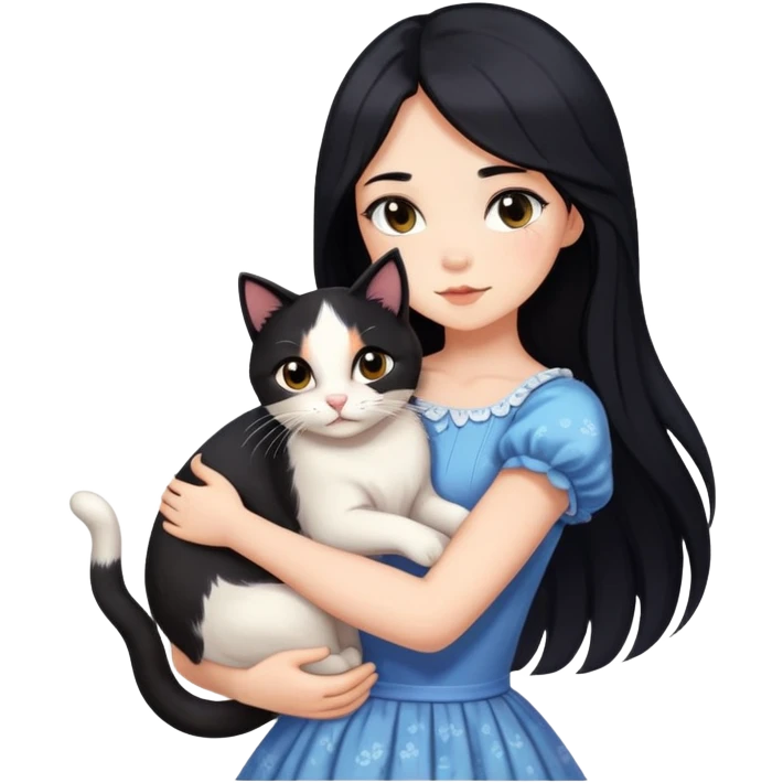 A beautiful girl with long black hair wearing a dress hugs a calico emoji