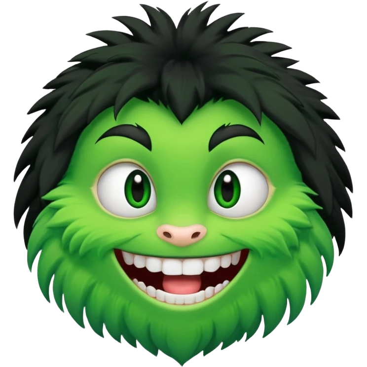 A bald person with bright white skin with a green sclera and green teeth, grinning widely. Has fluffy black neck fur, with a fluffy black body emoji