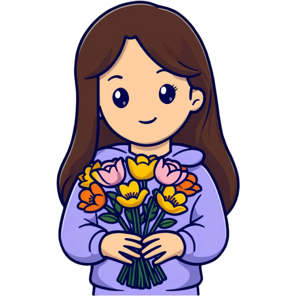 Cool girl with long brown hair holding a bouquet of flowers emoji