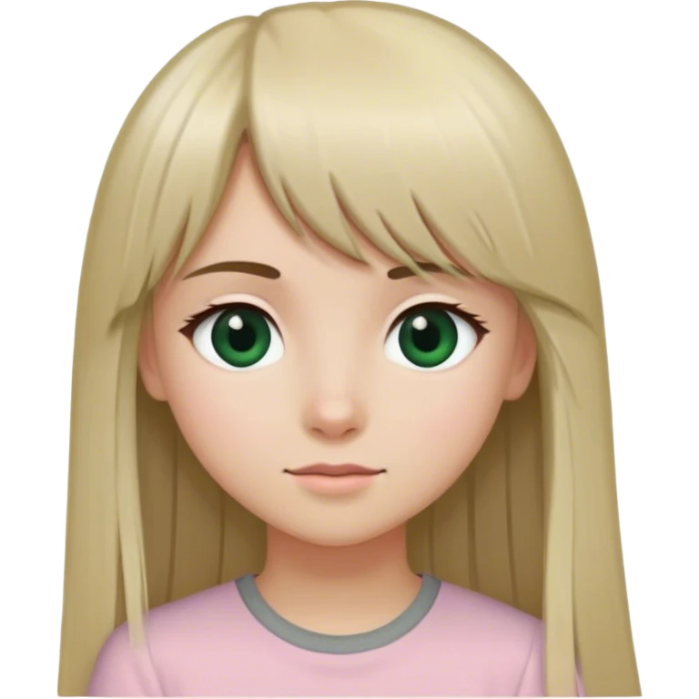 A girl with long straight blond hair and long bangs. Her right eye is brown, her left eye is dark green. A slight smile. She is wearing a light pink shirt and grey wide trousers. emoji
