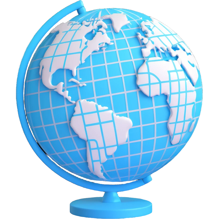 3D cyan globe icon with white land, modern style, with grid lines, slightly tilted emoji