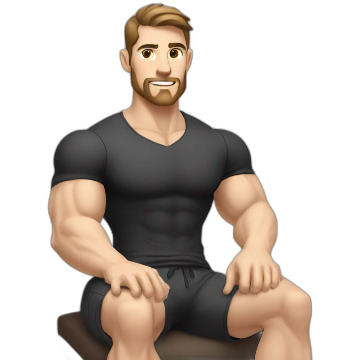 Pale skinned Fit Man With the biceps and dark brown hair in black shirt, gray sports shorts and white Sneakers Sitting on a chair emoji