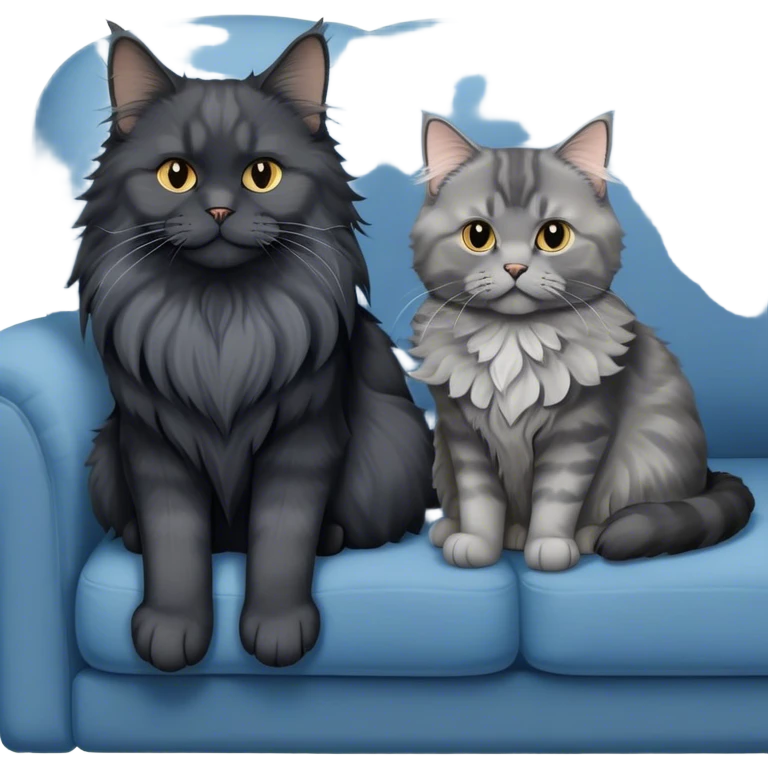 A large black smoke Maine Coon cat with long grey ear tufts and a fluffy grey ruff, sitting next to a chubby British Shorthair cat in blue color with plush fur, both sitting comfortably on a sofa. Beautiful room background with flowers and soft lighting. Transparent background. emoji