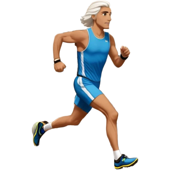Tall man with long brown and white hair running in Rome marathon, Colosseum in background emoji