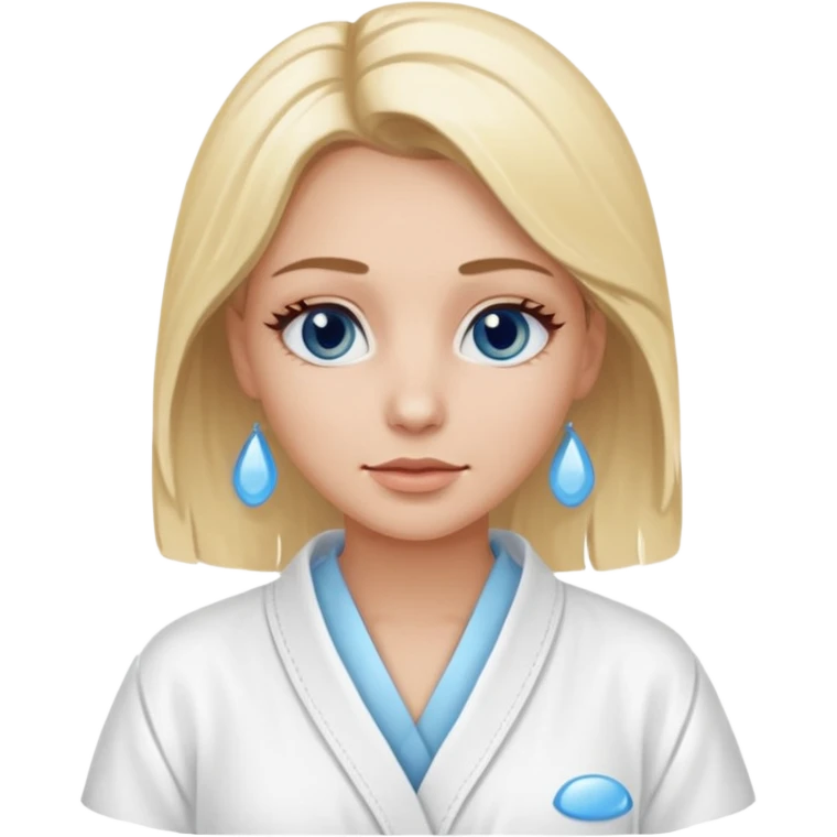 Blonde women, with brown eyes, wearing a white spa robe with blue gel eye pads under her eyes. emoji