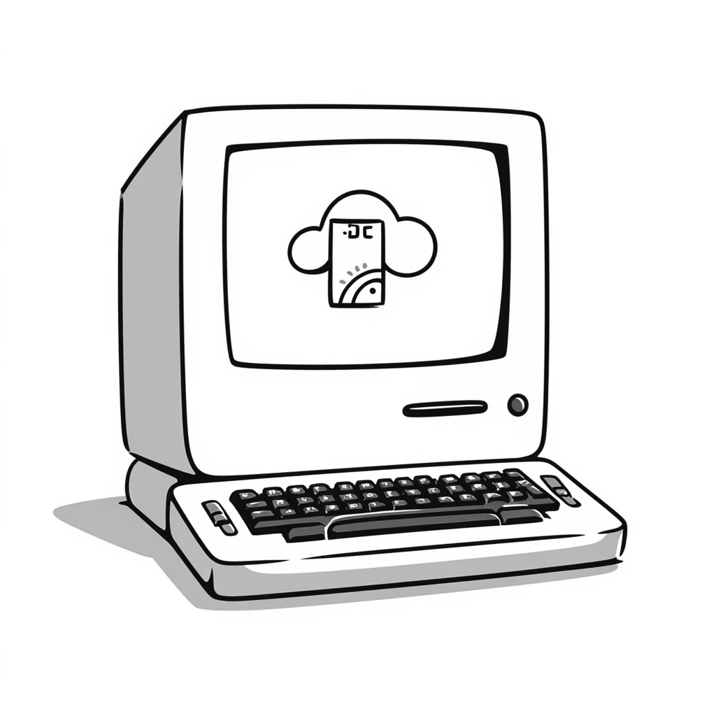 Pixel art style old Macintosh computer, simple monochrome linework emoji