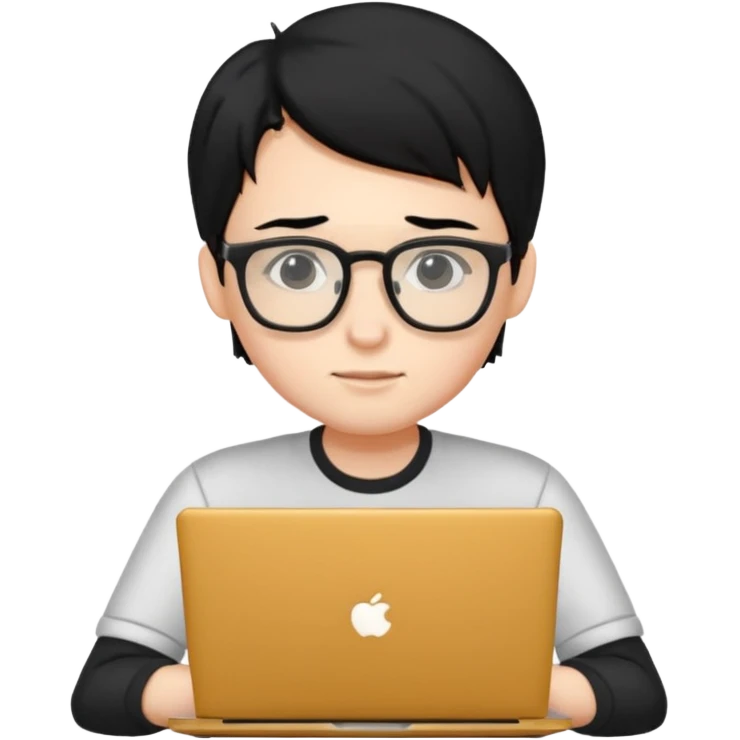 un estudiante con lentes y su laptop CON CAMISA Y CABELLO NEGRO emoji