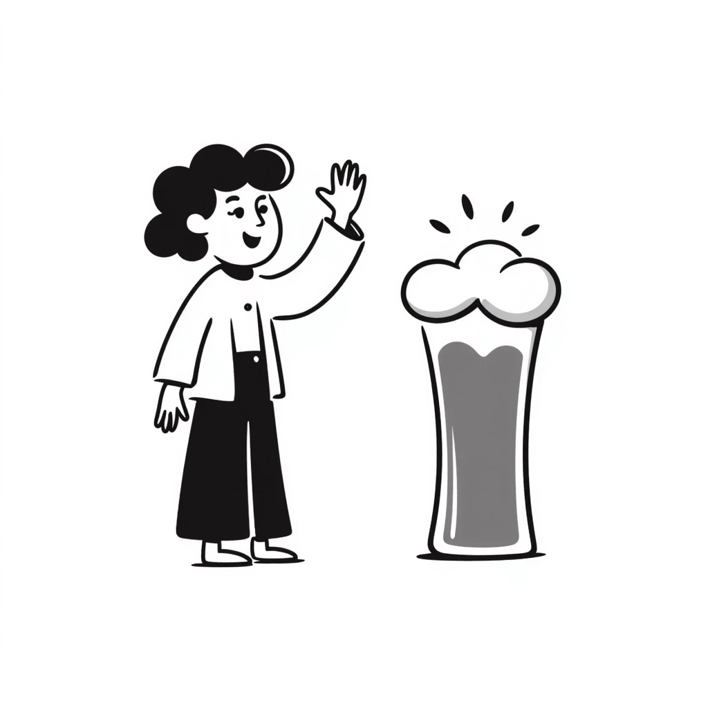 hand-drawn doodle of a beer glass and a friendly waving character, simple and playful emoji