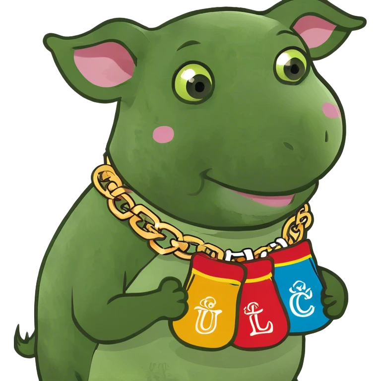 a black piglet holding 4 pouches with "luck”written on it emoji