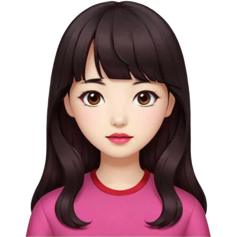 Korean girl, red top, black brown hair, brown eyes, long wavy hair, aesthetic, long hair, hime cut, blunt bangs, pink girl emoji