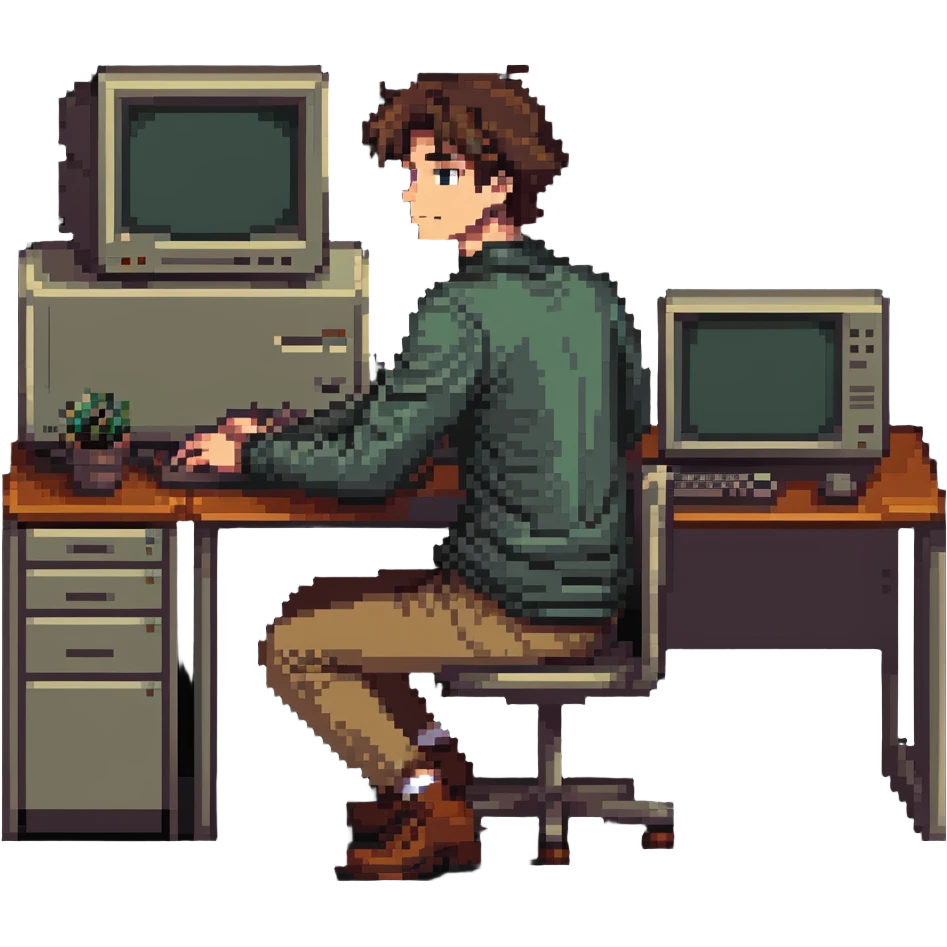 Young man sitting at desk with vintage desktop computer with large CRT monitor emoji