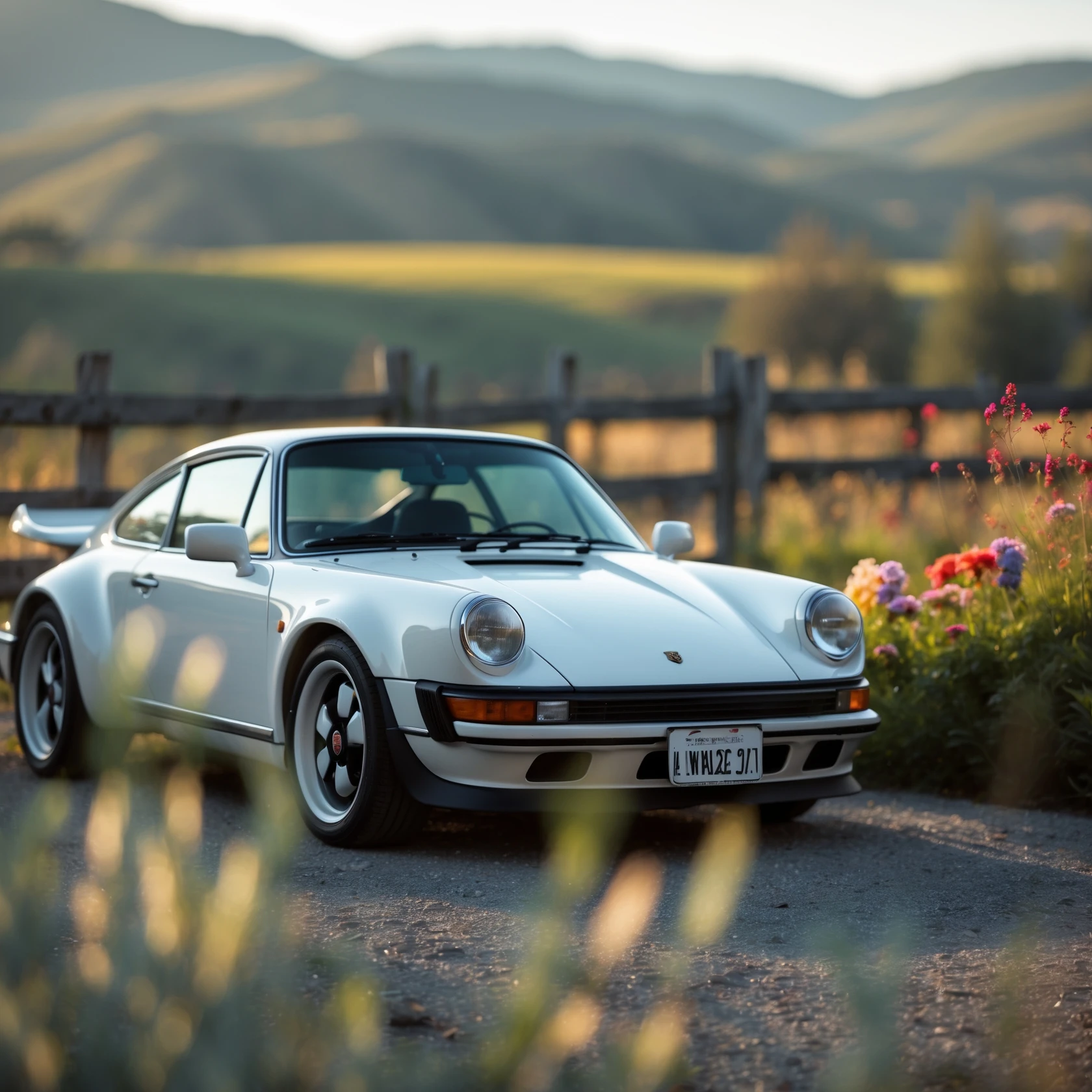 A portrait of a white person next to porsche 911 in the foreground, blurred plants in the foreground, a wooden fence and colorfull flowers in the midground, rolling hills in the background, cinematic depth of field, layered composition, natural lighting emoji