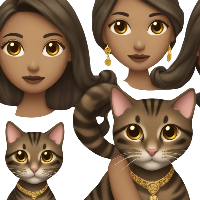 Beautiful skinny woman long dark brown hair in dark dress with gold earrings hug bengal cat emoji