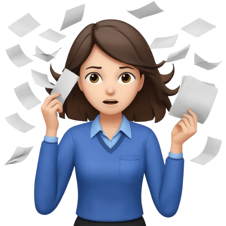 female teacher pulling her hair with stressed face, papers flying everywhere, brunette emoji