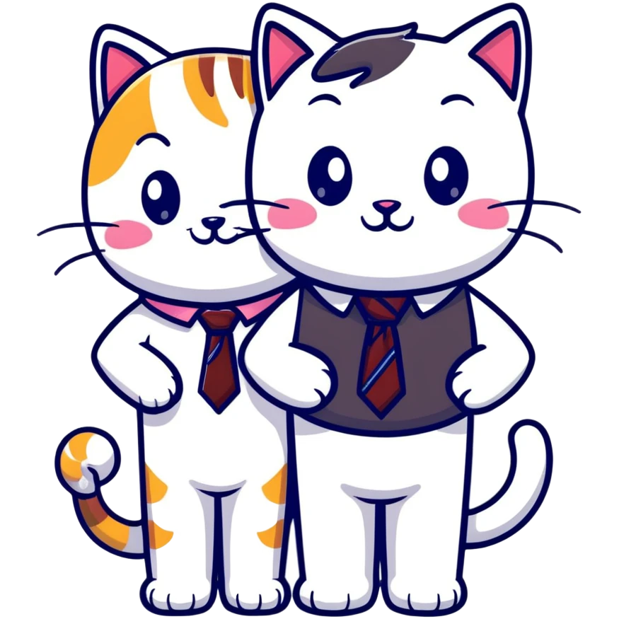 happy girl cat with eyelashes wearing a cute necktie, and happy boy cat wearing a professional necktie, standing together emoji