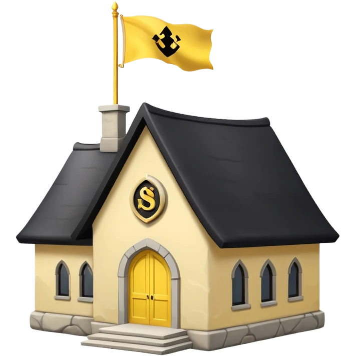simple magic school, white background, magic school, black roof, with a big flag, big flag on a roof, big yellow flag, white school emoji