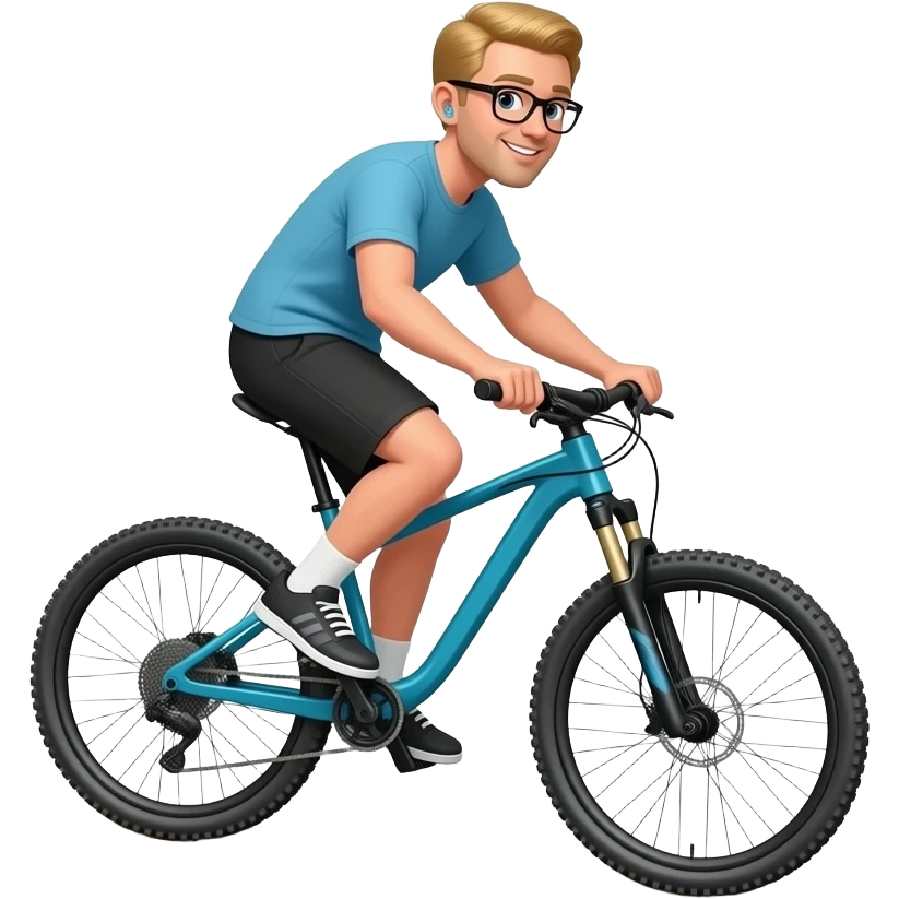 blond hair guy with glasses and hearing aid doing mountain bike emoji
