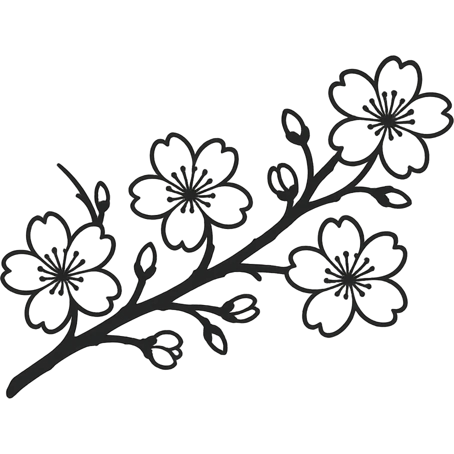 long single-color sakura branch in eastern style, minimalist, large flowers, no background, for sign decoration, 1200x100px emoji