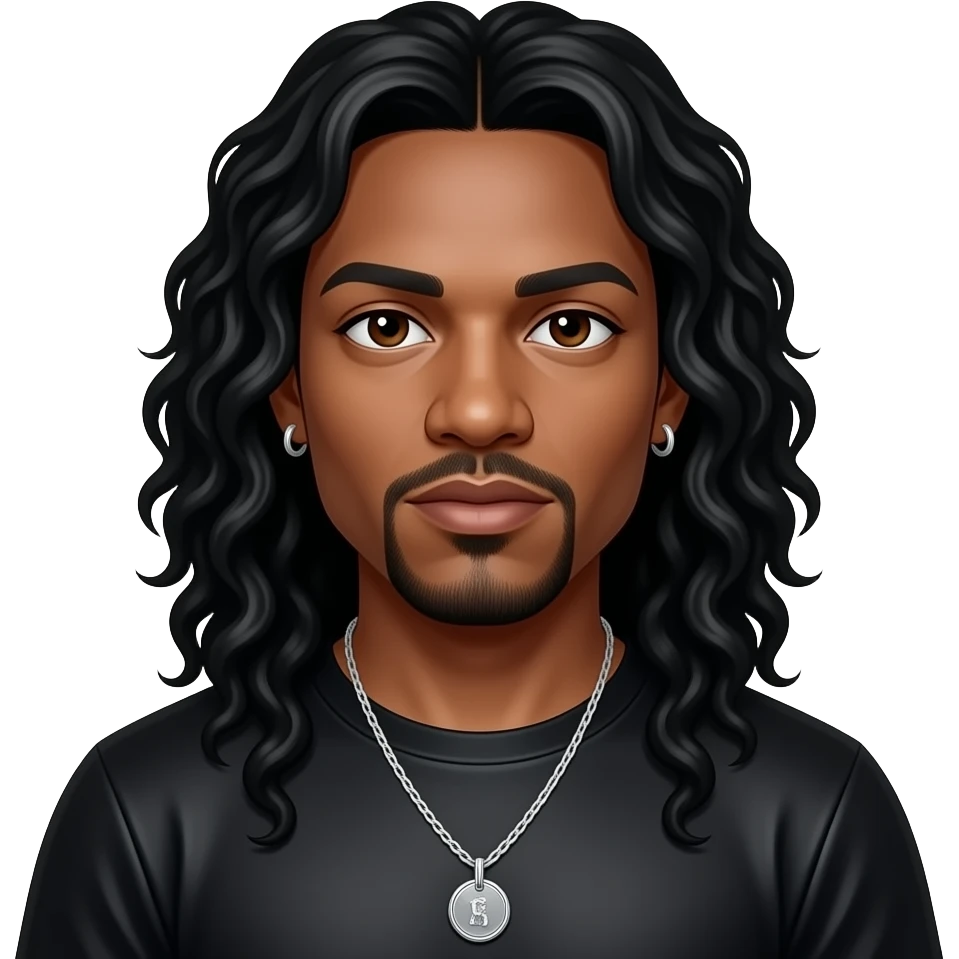 Layzie Bone from Bone Thugs-n-Harmony with dark brown eyes, long black wavy hair, black metallic t-shirt, necklace and earrings emoji