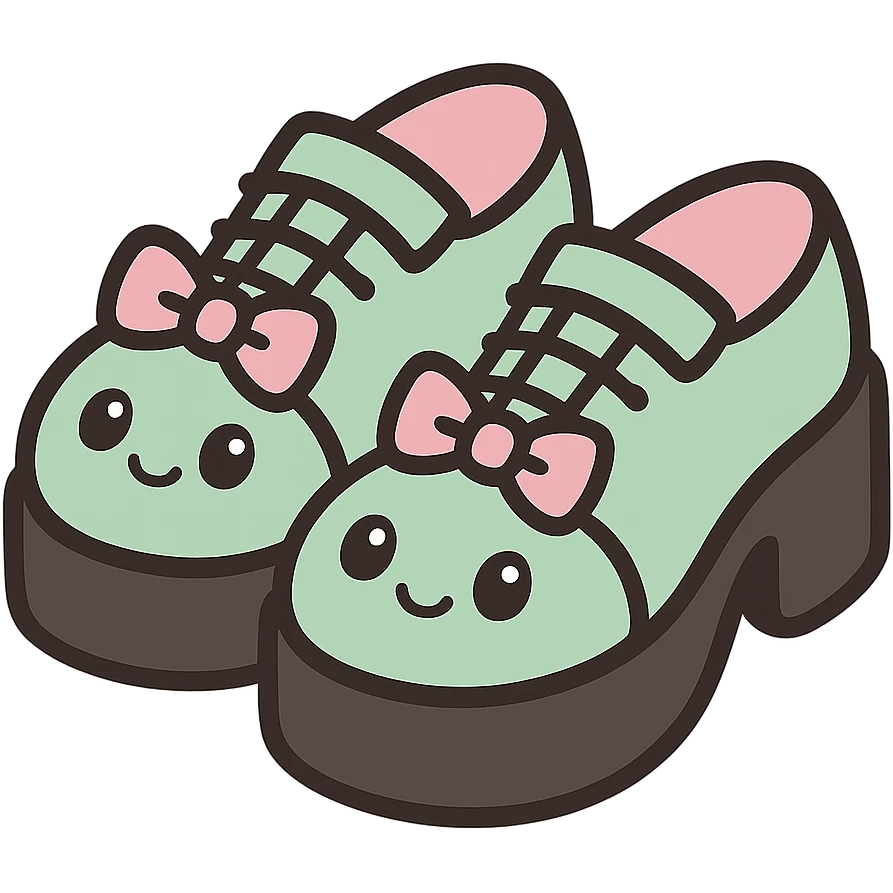Make the shoes pastel green with black and pink accents, kawaii style, no socks, no hearts, transparent background emoji