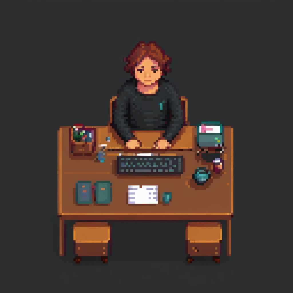 frustrated man, pixel art, sitting at desk, slumped posture emoji